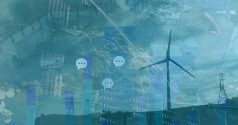 Animating of interface with data processing over spinning windmill against sky 写真素材