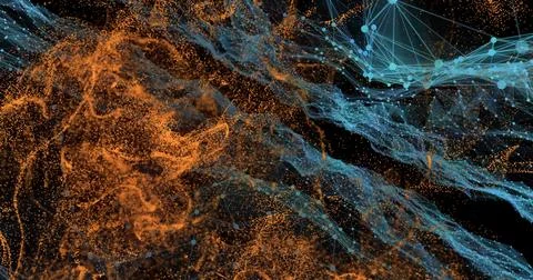 Animating interleaving particles in black void, showing orange filaments, blue Stock Photos
