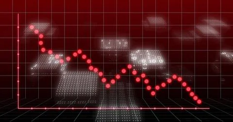 Animating jagged red line graph weaving across virtual 3D data grid, with Stock Photos