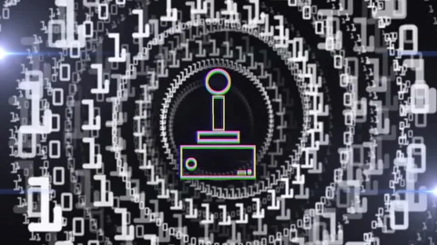Animating joystick icon over spiraling binary code background Stock Footage 303793508
