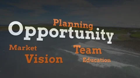 Animating large word cloud shifting over aerial coast, showing Success Stock Footage 330564034