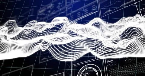 Animating luminous white waveform mesh flowing across dashboard, showing HUD  Ilustración de archivo