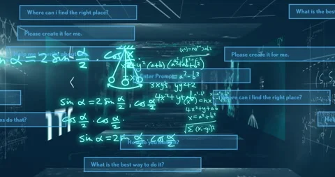 Animating mathematical equations and questions in futuristic classroom setting Stock-Footage 303794298