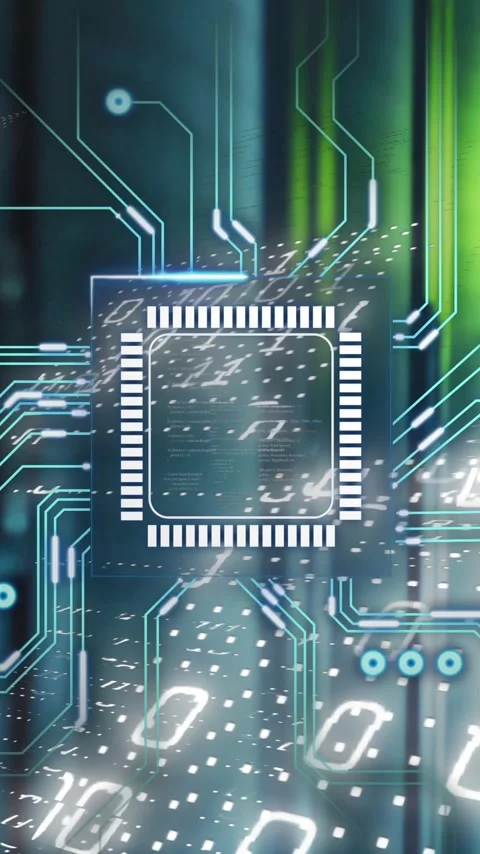 Animating microchip and binary code over server room in data center Stock Footage 319821315