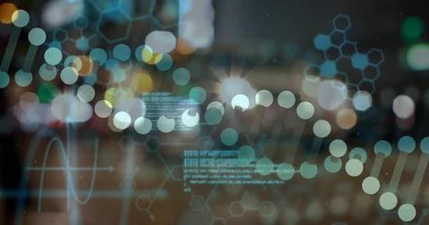 Animating molecular-data overlay on urban street, with DNA helix, hexagon 스톡 사진