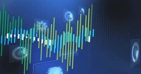 Animating multicolor vertical bars pulsing across virtual data hub, with HUD Stock Photos