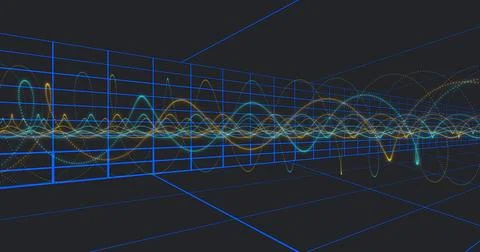 Animating multicolored waveform traces undulating across virtual 3D grid, with Illustrazione stock