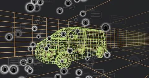 Animating neon 3D wireframe van model floating on orange grid in virtual spac Stock Illustration