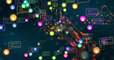 Animating neon circuit traces linking nodes, avatars and chat bubbles on Stock Illustration