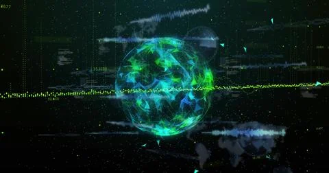 Animating neon faceted sphere intersecting dotted waveform in virtual data Stock Illustration