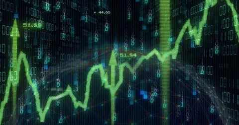 Animating neon green line chart on digital dashboard, showing numbers, binary Stock Illustration