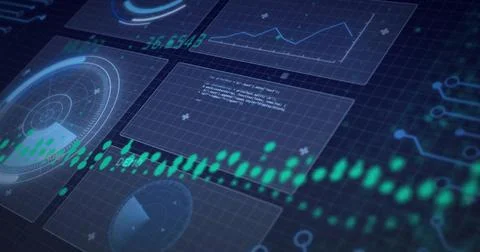 Animating neon-green waveform with glowing nodes traversing HUD panels on dark Stock Photos