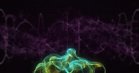 Animating neon point-cloud mesh forming undulating mound on dark grid with pu 스톡 일러스트