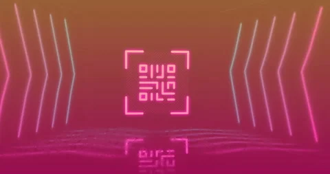 Animating neon QR code over reflective pink and orange background with geometric Stock Footage 304307851