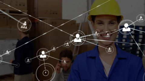 Animating network connections over warehouse workers in background Stock Footage 303877068