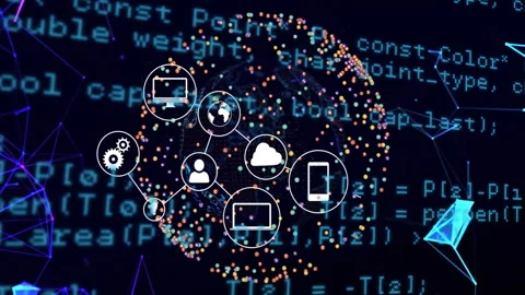 Animating network of interconnected computing icons over dark 3D dashboard Stock Footage 309285179
