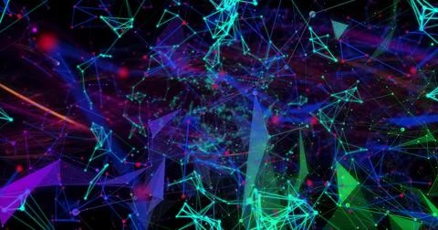 Animating network in virtual cyberspace, linking glowing nodes, polygonal meshes Stock Photos