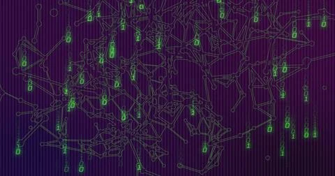 Animating node network reacting to green digits emerging on purple data canvas, Stock Illustration