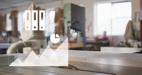 Animating overlay graphics over table saw with circular saw blade while charts Stock Footage 331593355