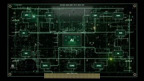 Animating PCB schematic with gold pins, AI glow initiating traces to central AI Stock-Footage 337964593