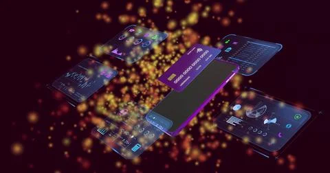 Animating on ping, smartphone displaying purple card in 3D, revealing 스톡 사진