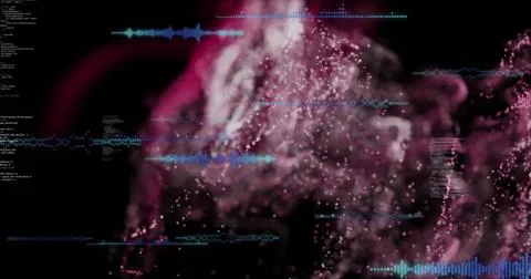 Animating pink cloud swirling in virtual cyberspace, with blue audio waveforms Foto stock