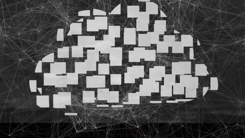 Animating pixelated cloud floating over dark network grid in flat design, Stock Footage 309105418