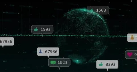 Animating pointcloud globe glowing right in data dashboard, with waveform, Stock Photos