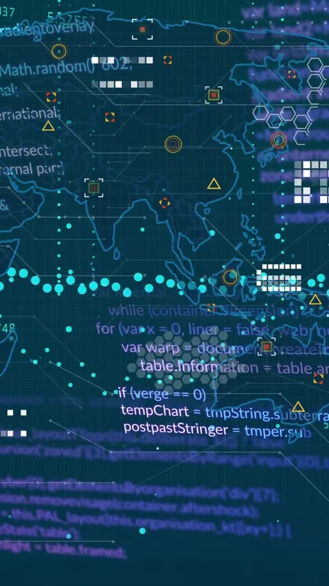 Animating programming code and data visualization over world map on screen Stock Footage 319883010