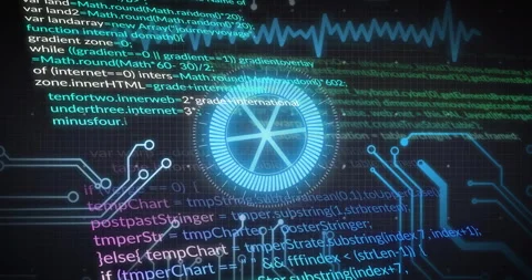 Animating programming code and digital circuits over futuristic blue interface Stock Footage 305060737