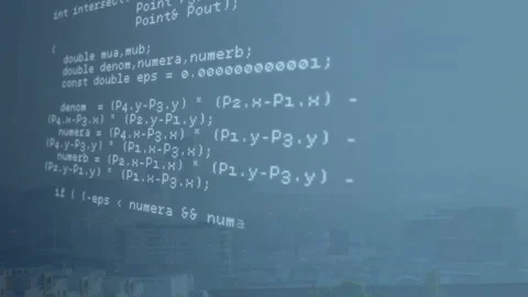 Animating programming code and mathematical formulas over cityscape background Stock Footage 305074315