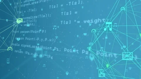 Animating programming code and network connections over blue background with Stock Footage 305063573