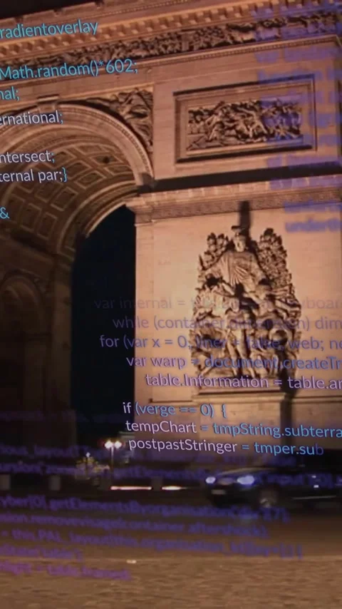 Animating programming code over Arc de Triomphe at night Stock Footage 319975992