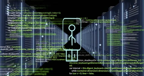 Animating programming code over server racks in data center Stock Footage 304767419