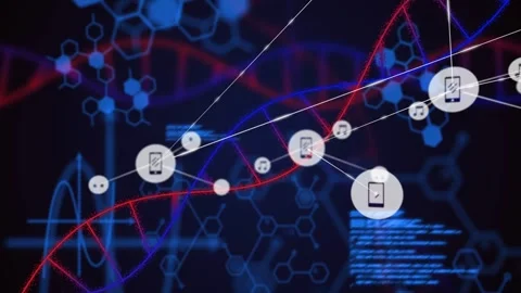 Animating red blue DNA helix with white nodes, connecting lines expanding on Stock Footage 332685788