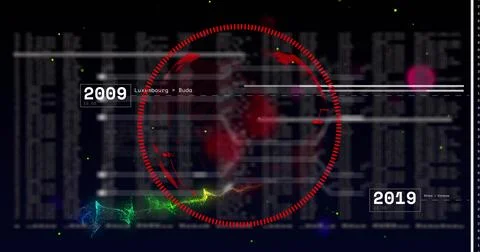 Animating red circular gauge centering onscreen data UI with timelines, showing Stock Illustration