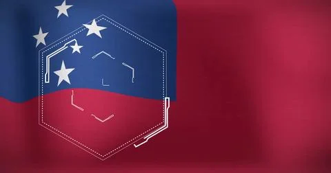 Animating red flag waving on screen with navy canton showing stars, dashed Stock Photos