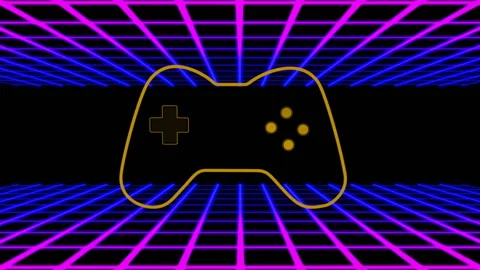 Animating retro game controller outline over neon grid background Video stock 304192009