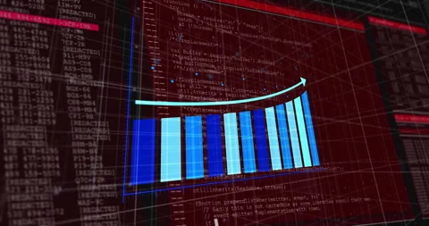Animating rising bar graph over red digital code background in school Stock Footage 303608697