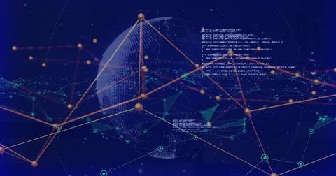 Animating semi-transparent dotted globe with orange nodes and lines in cyber Stock Illustration