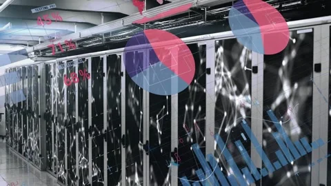 Animating server racks with node overlay starting pie charts, pct labels for Video stock 332867211