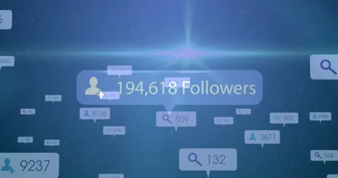 Animating social media follower count over digital network with search icons Stock Footage 304010890