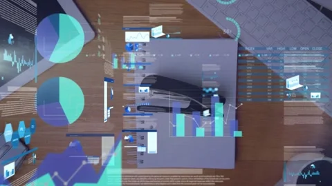 Animating of statistical data processing against stapler falling on wooden Stock Footage 326097807