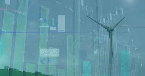 Animating of statistical data processing over spinning windmill against blue sky Foto stock