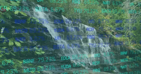 Animating stock market data over waterfall in forest Stock Footage 304310676