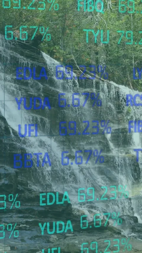 Animating stock market data over waterfall in forest Stock Footage 319975998