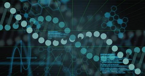 Animating stylized DNA helix moving across bio dashboard, showing code panels, Illustration