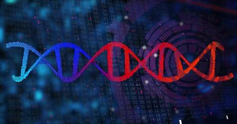 Animating stylized DNA helix spanning lab display, showing binary digits, HUD Ilustración de archivo