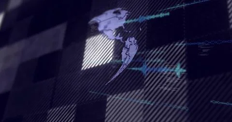 Animating stylized globe of Americas streaming on screen, with tiled hatched Stock Illustration