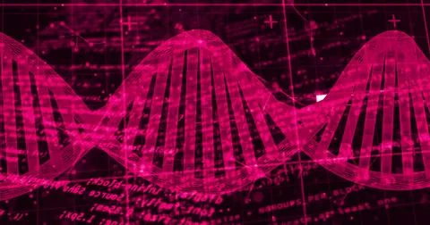 Animating stylized magenta DNA double helix flowing across dark data plane, r Stock Illustration